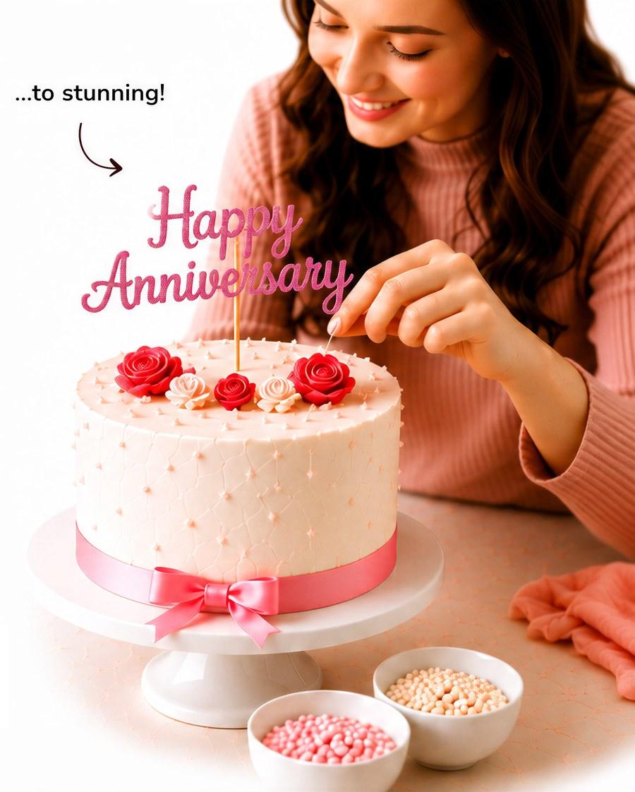 A baker finishing a decorated Happy Anniversary cake β β¦to stunning!